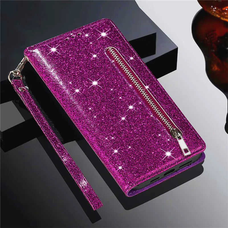 Zipper Flip Wallet Glitter Leather Galaxy Note and S Case - DealJustDeal