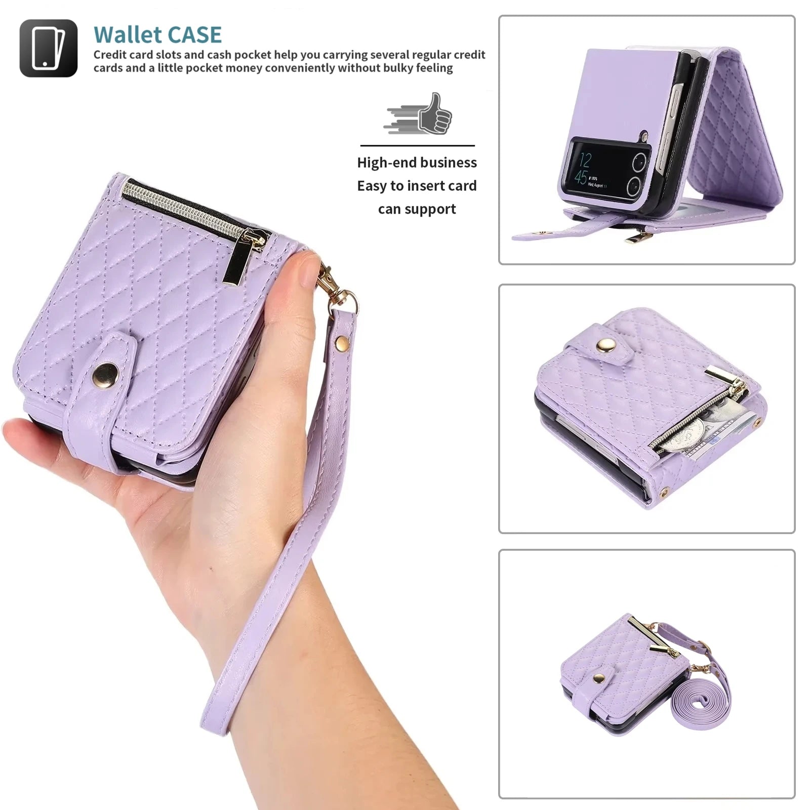 Card Slot Crossbody Wallet Grid Leather Galaxy Z Flip Case - DealJustDeal