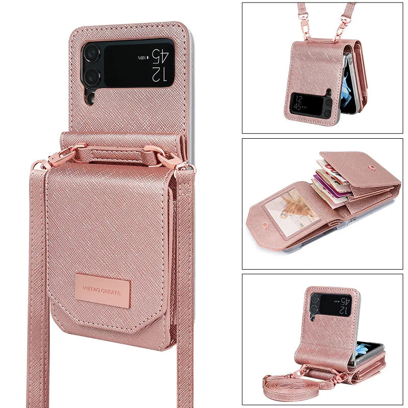 Cards Slot Holder PU Wallet Lanyard Leather Galaxy Z Flip Case - DealJustDeal