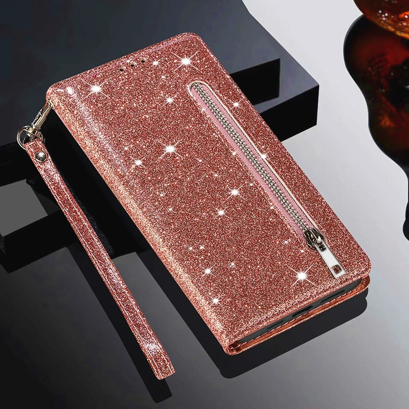 Wallet Glitter Zipper Magnetic Flip Leather Google Case - DealJustDeal