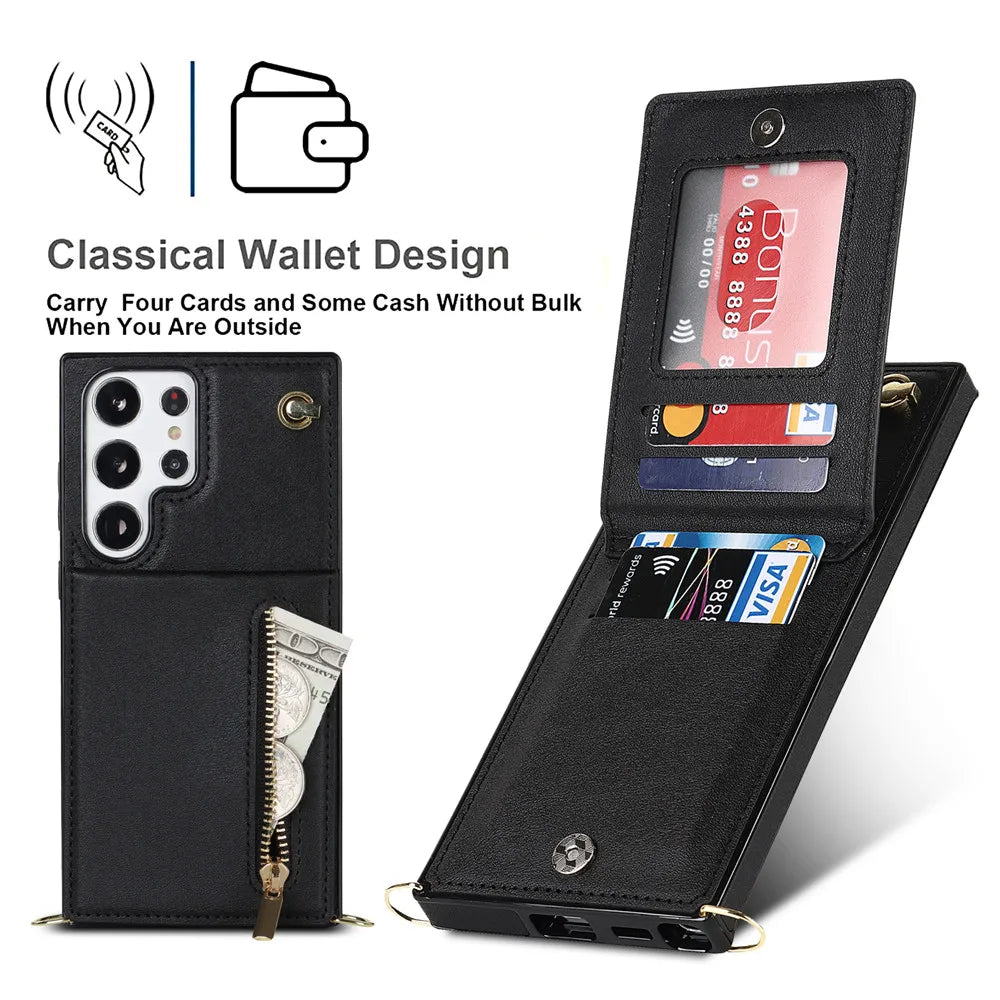 Kickstand Cards Slot Zipper Wallet Lanyard Galaxy Note Case - DealJustDeal