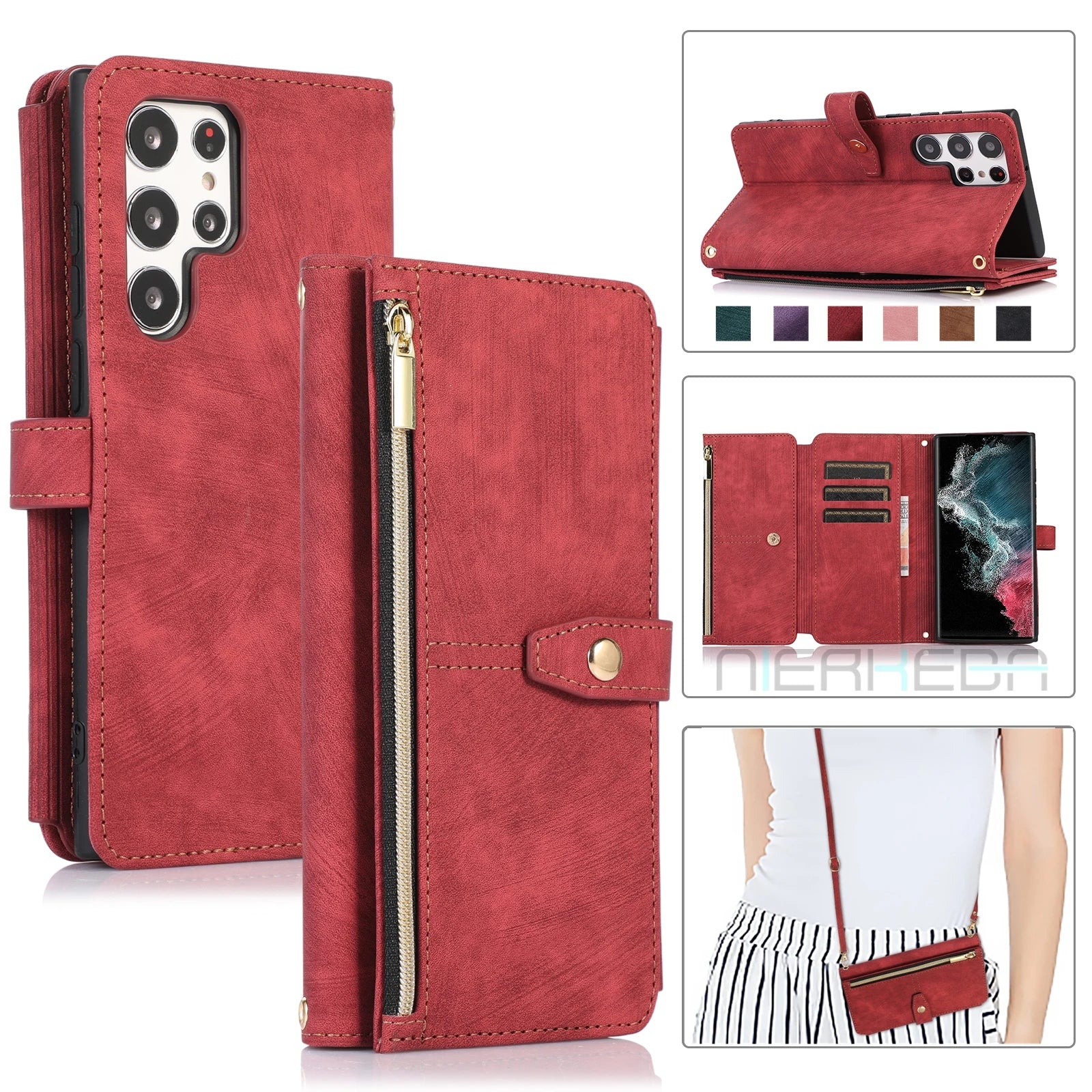 Shoulder Strap Card Folio Zipper Leather Galaxy Note and S Case - DealJustDeal