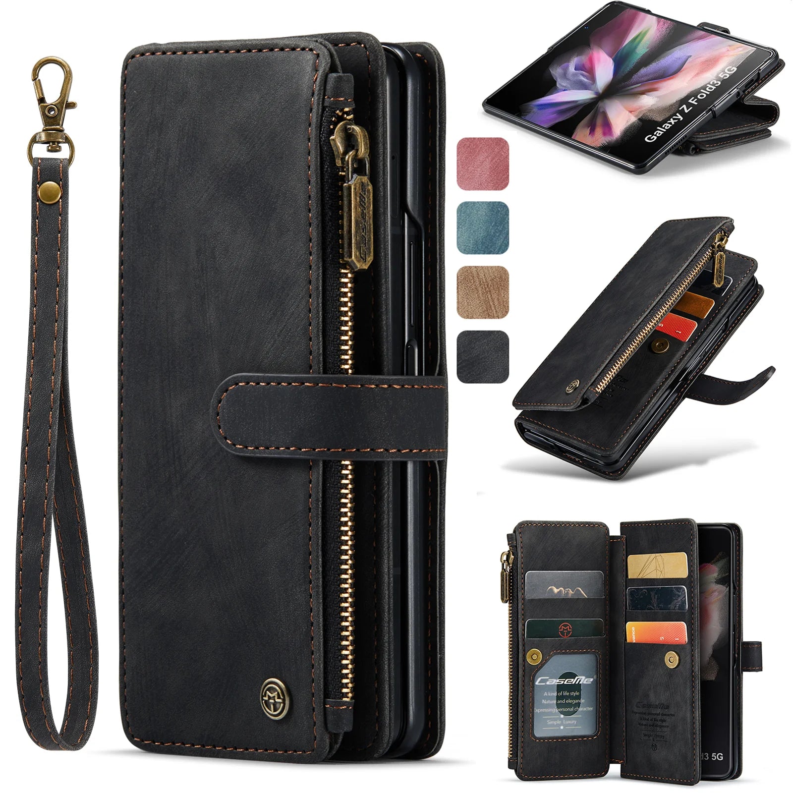 Card Holder Wrist Strap Magnetic Wallet Leather Galaxy Z Fold Case - DealJustDeal