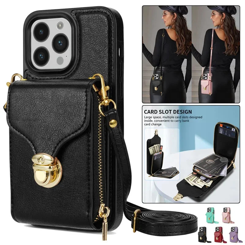 Crossbody Lanyard Zipper Wallet Card Leather iPhone Case - DealJustDeal