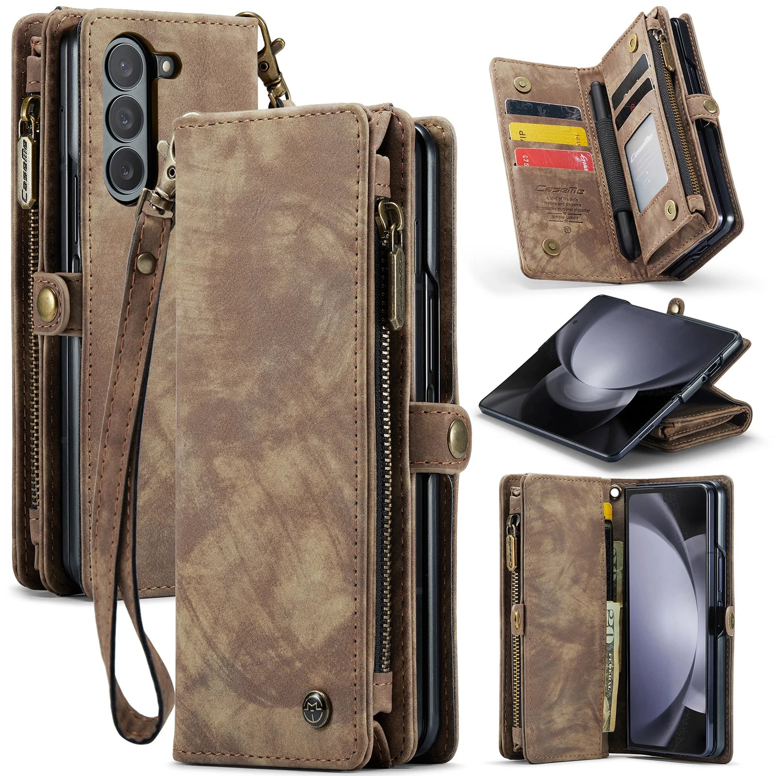 Wrist Strap Magnetic Zipper Pocket Wallet Leather Galaxy Z Fold Case - DealJustDeal