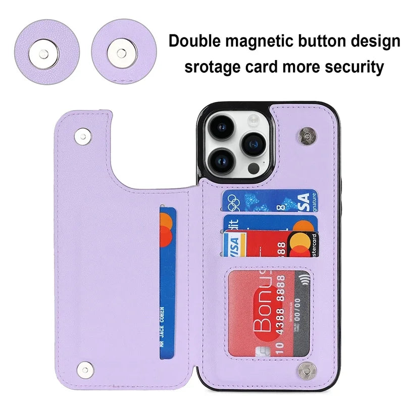 Double Button Wallet Card Flip Leather iPhone Case - DealJustDeal