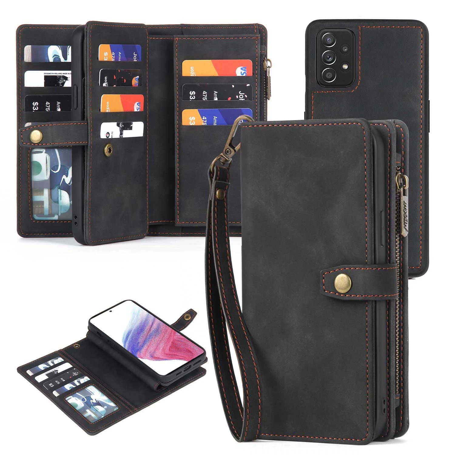 Detachable Magnetic Zipper Wallet Leather Galaxy A Case - DealJustDeal