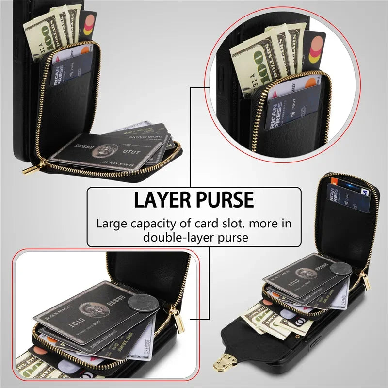 Crossbody Lanyard Leather Zipper Wallet Card iPhone Case - DealJustDeal