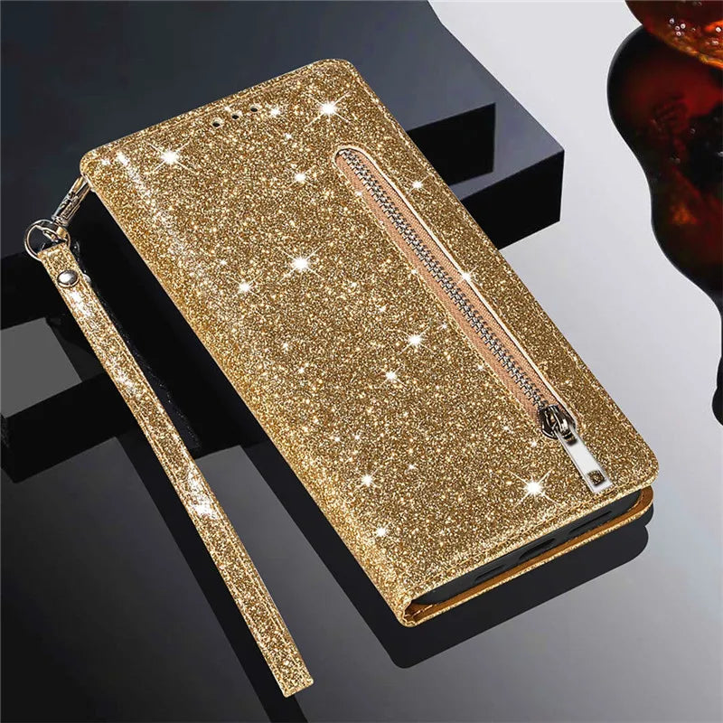 Zipper Flip Wallet Glitter Leather Galaxy A and M Case - DealJustDeal