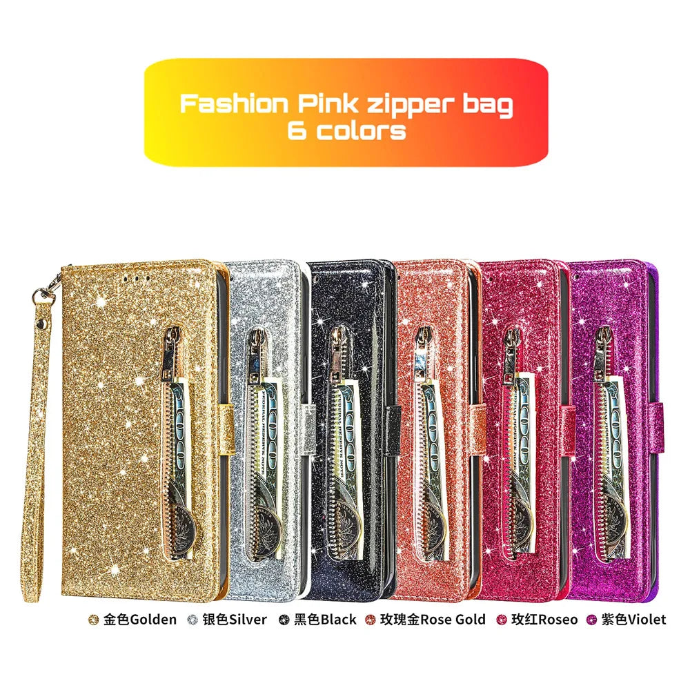 Zipper Flip Wallet Glitter Leather Galaxy Note and S Case - DealJustDeal