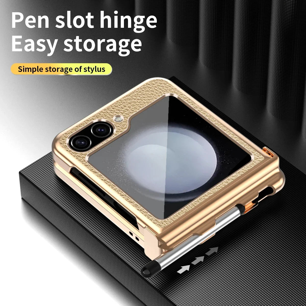 PU Leather Hard PC Electroplate Frame Galaxy Z Flip Case with Touch Pen - DealJustDeal