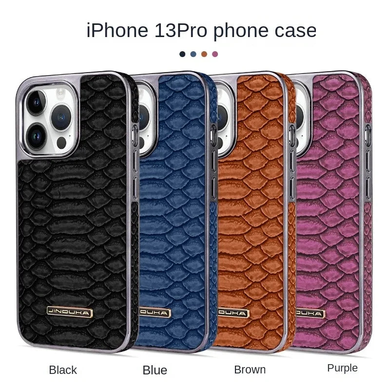 Python Texture Leather Electroplating iPhone Case with Built-in Flannel - DealJustDeal