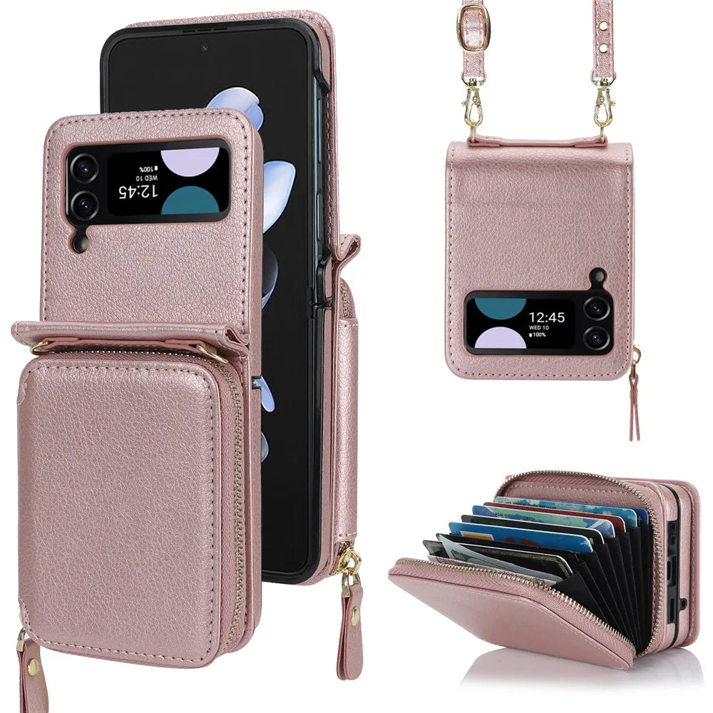 Strap Skin Feeling Lanyard Wallet Leather Galaxy Z Flip Case - DealJustDeal