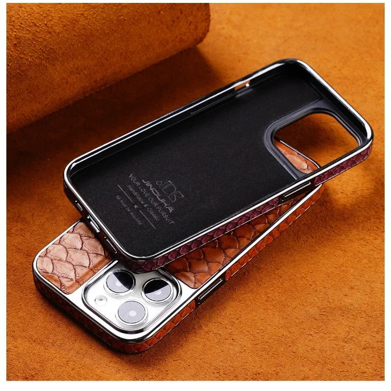 Python Texture Leather Electroplating iPhone Case with Built-in Flannel - DealJustDeal