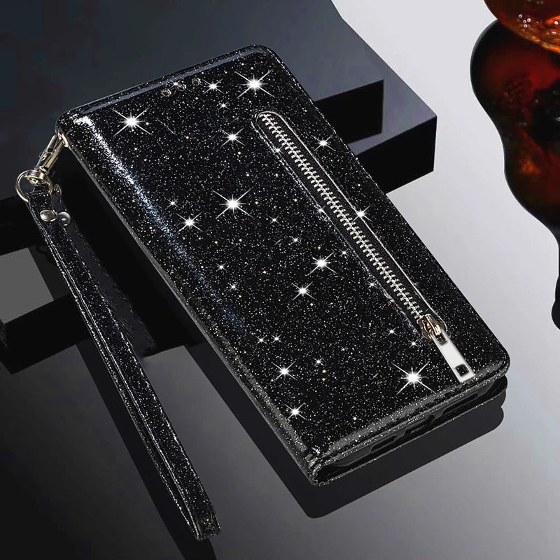 Wallet Glitter Zipper Magnetic Flip Leather Google Case - DealJustDeal