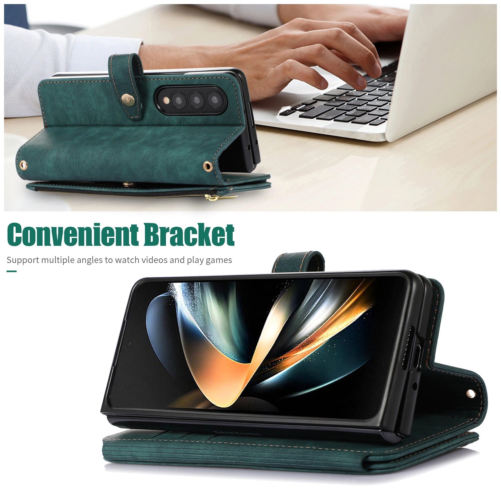 Magnetic Flip Zipper Wallet Leather Lanyard Strap Galaxy Z Fold Case - DealJustDeal