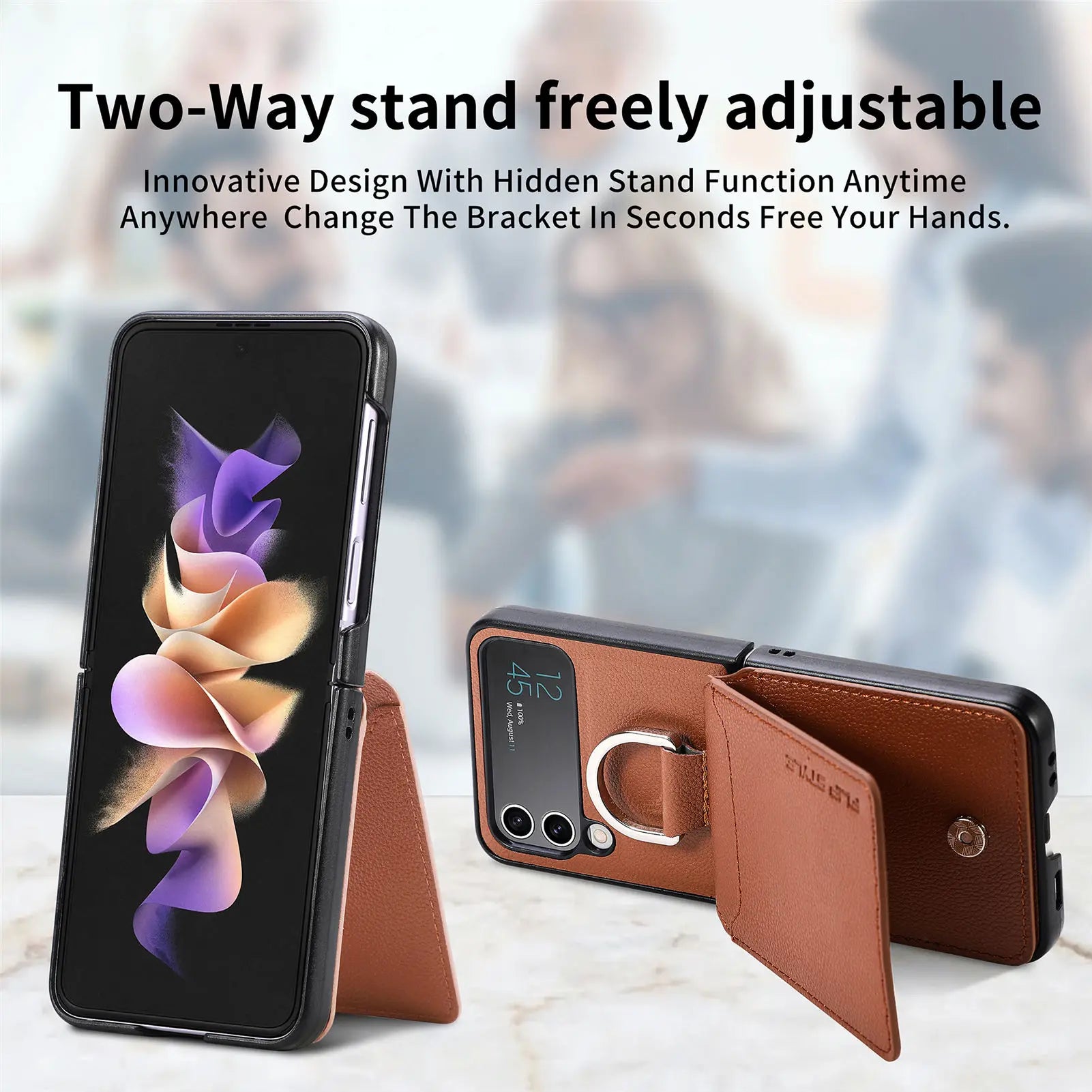 Finger Ring Card Holder Stand Lychee Pattern Leather galaxy Z Flip Case - DealJustDeal