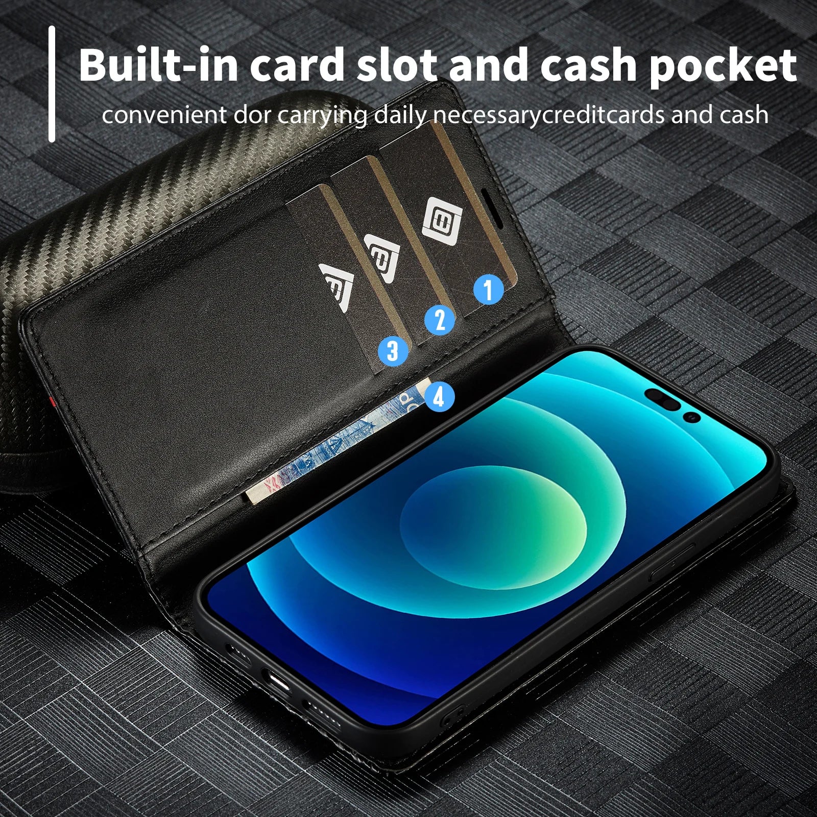 Magnetic Flip Book Carbon Fiber Leather Wallet iPhone Case - DealJustDeal