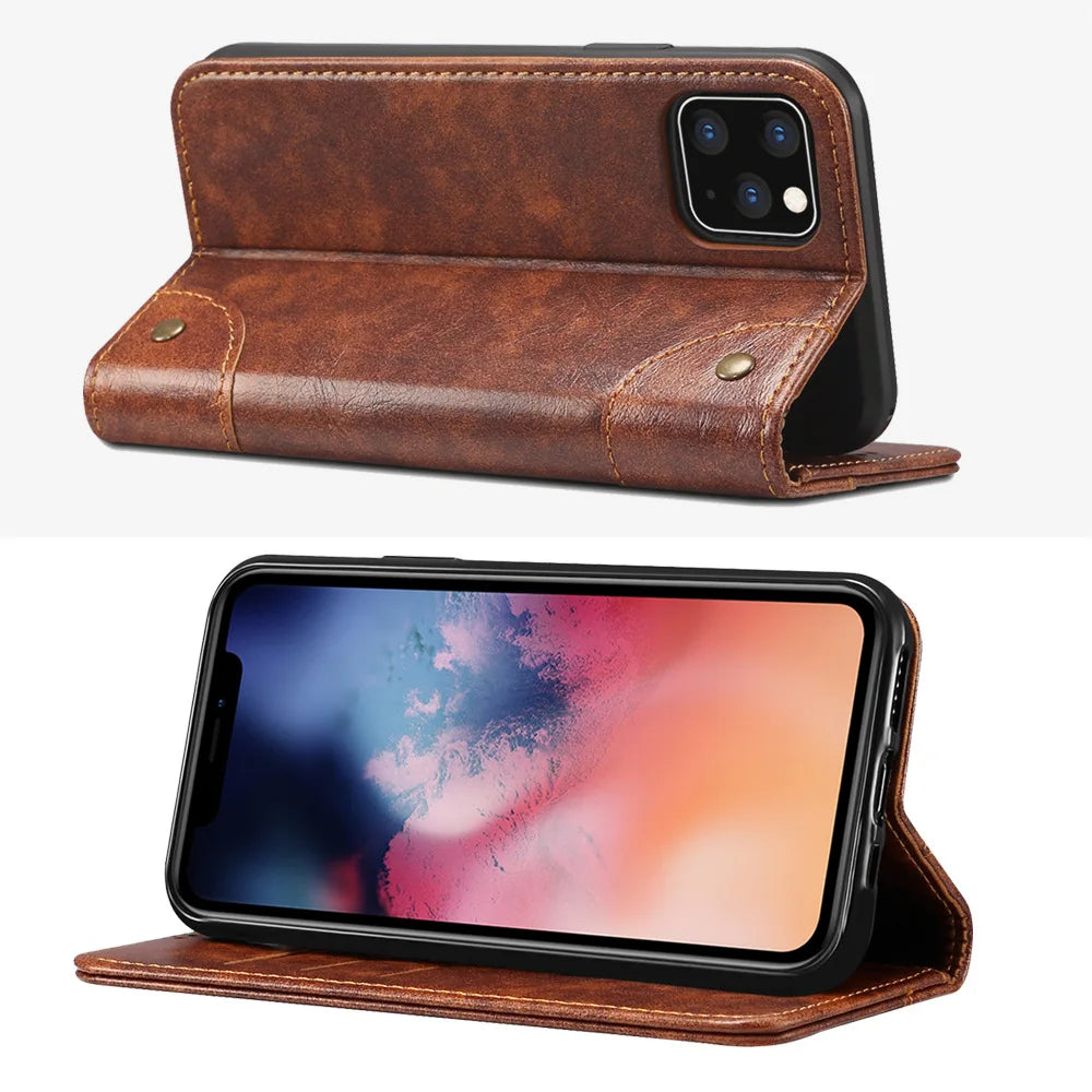 Magnetic Book Flip Wallet Flip Genuine Leather iPhone Case - DealJustDeal