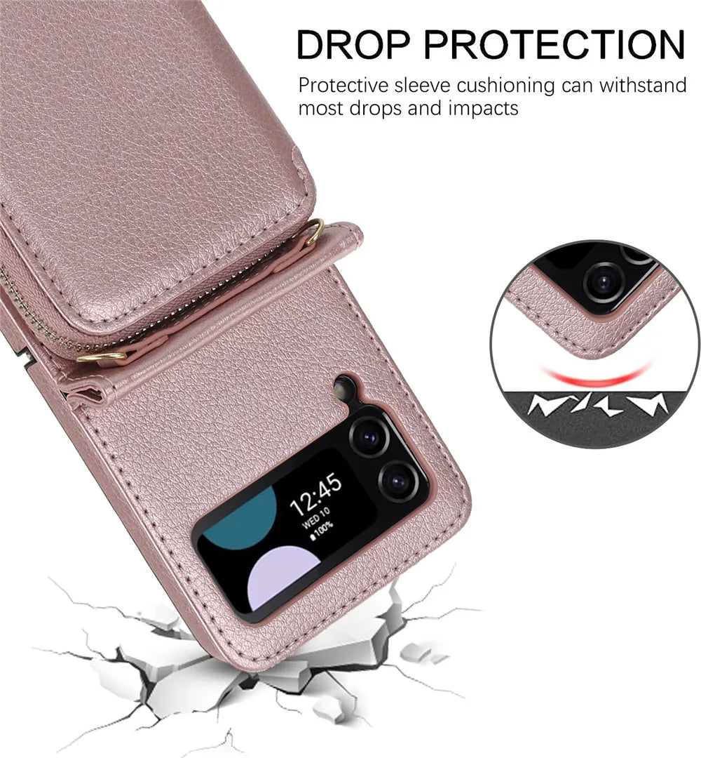 Strap Skin Feeling Lanyard Wallet Leather Galaxy Z Flip Case - DealJustDeal