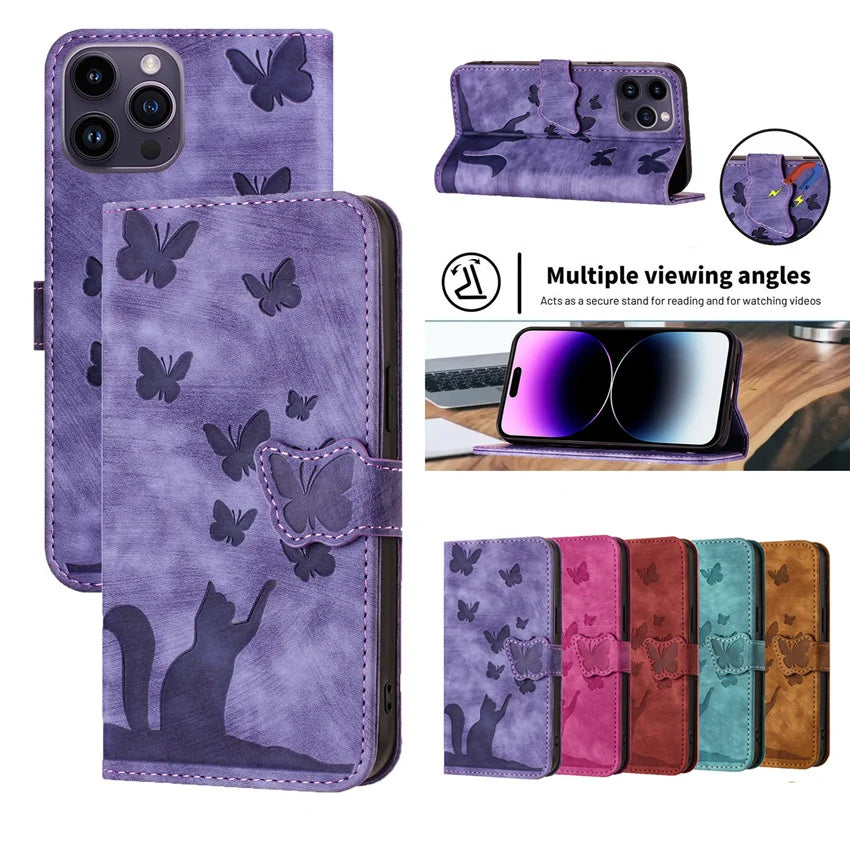 Cute Cat Butterfly Leather Flip iPhone Case - DealJustDeal