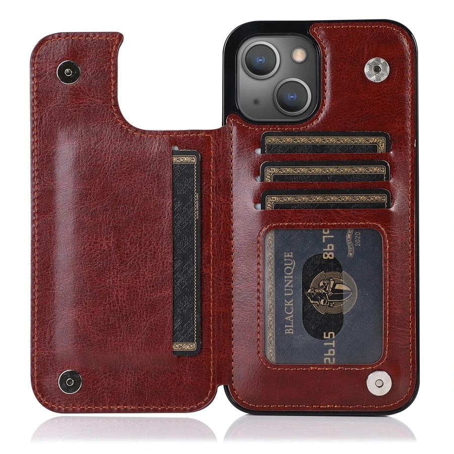 Fall Prevention Wallet Card Slots Magnetic Flip Leather iPhone Case - DealJustDeal