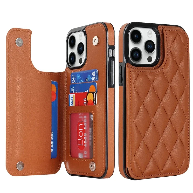 Double Button Wallet Card Flip Leather iPhone Case - DealJustDeal