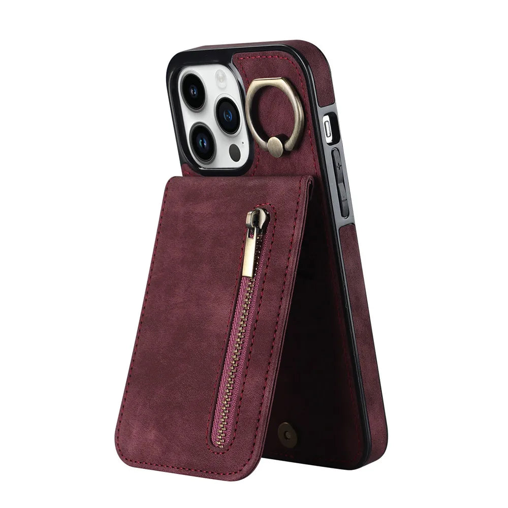 Anti-drop Kickstand Zipper Cards Holder Leather Wallet iPhone Case - DealJustDeal