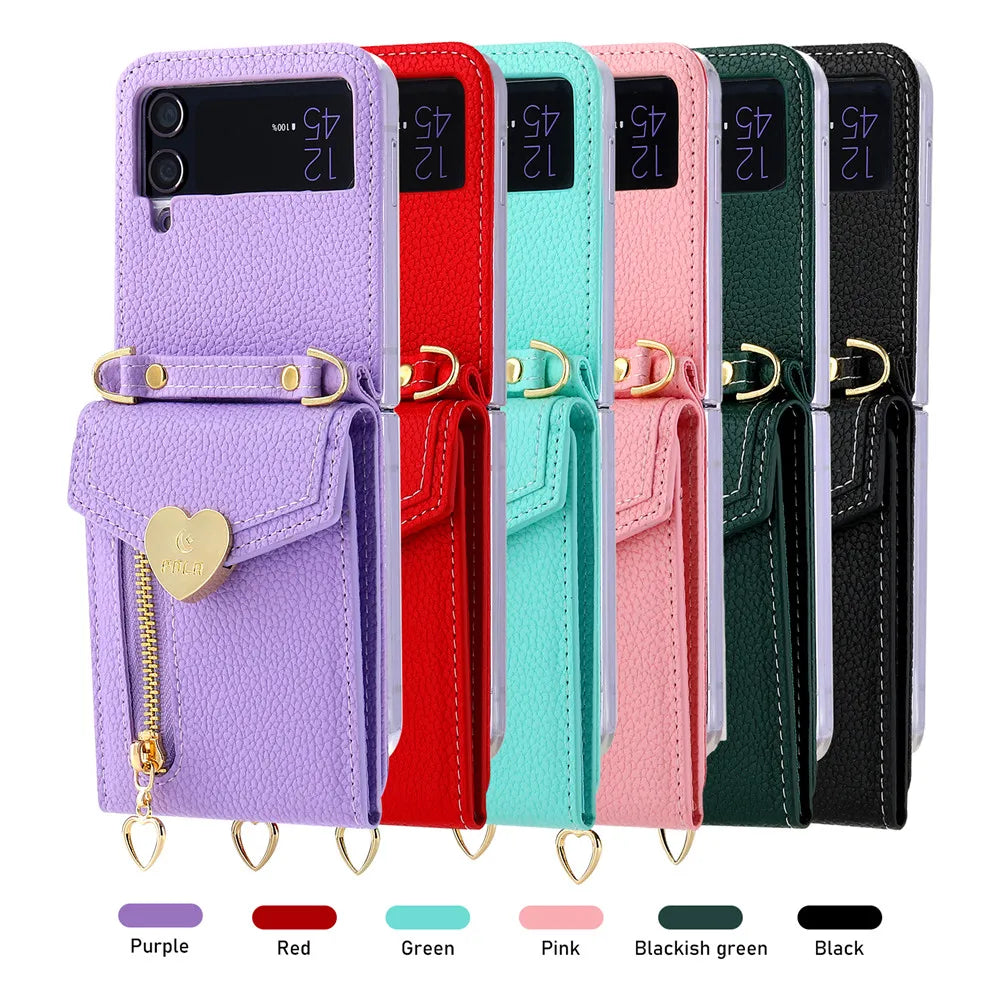 Crossbody Wrist Zipper Wallet Cards Slot Leather Galaxy Z Flip Case - DealJustDeal