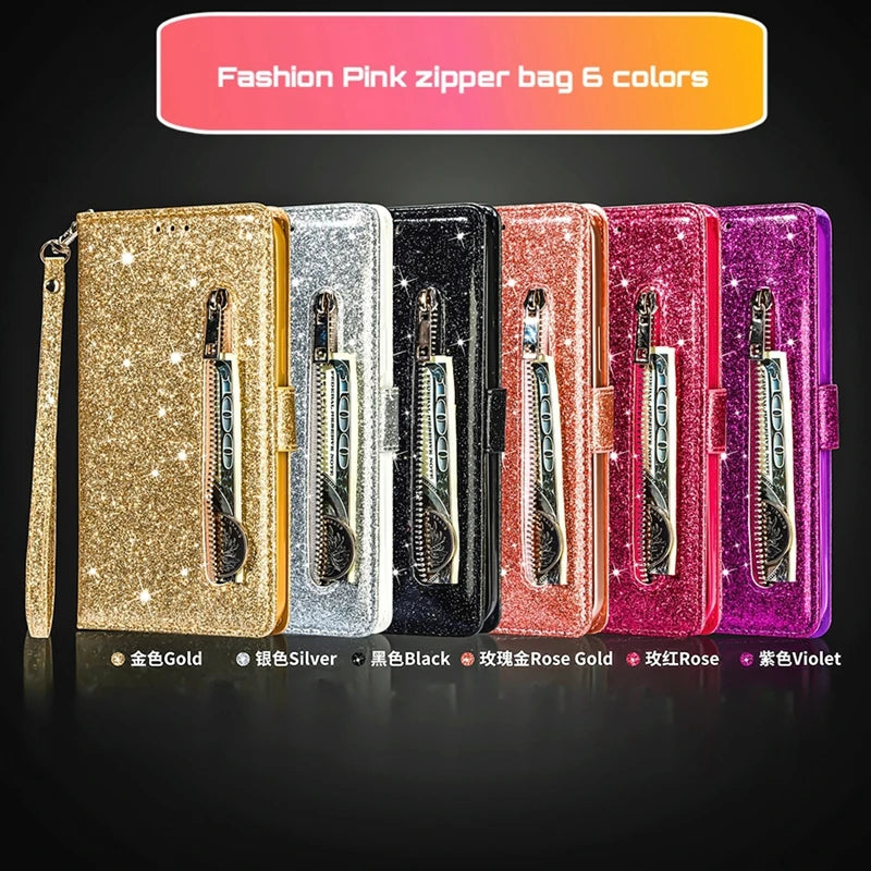 Wallet Glitter Zipper Magnetic Flip Leather Google Case - DealJustDeal