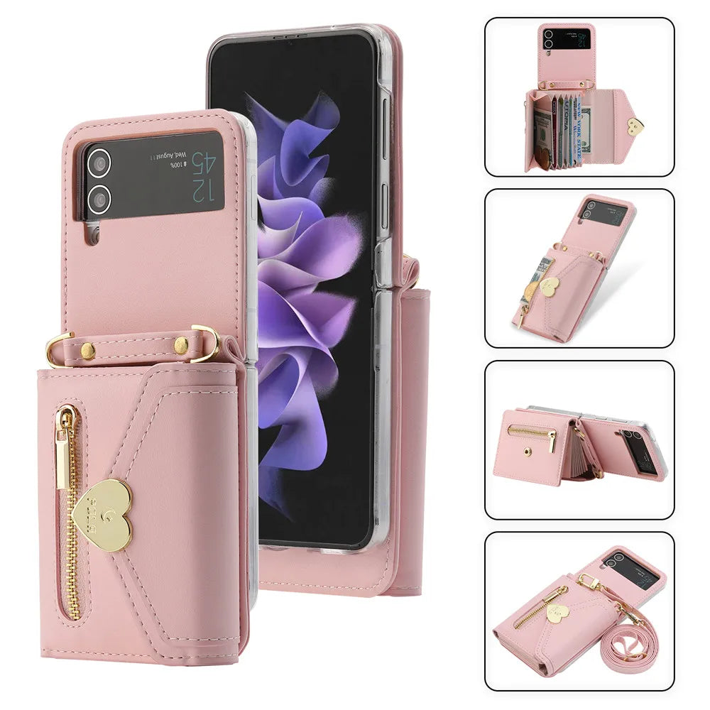 Folding Hinge Leather Crossbody Galaxy Z Flip Case - DealJustDeal