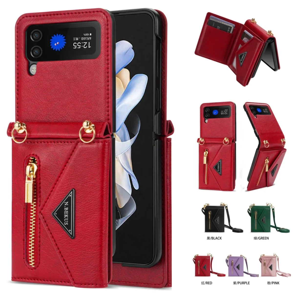 Purse Card Slot Holder Lanyard Strap Leather Wallet Galaxy Z Flip Case - DealJustDeal