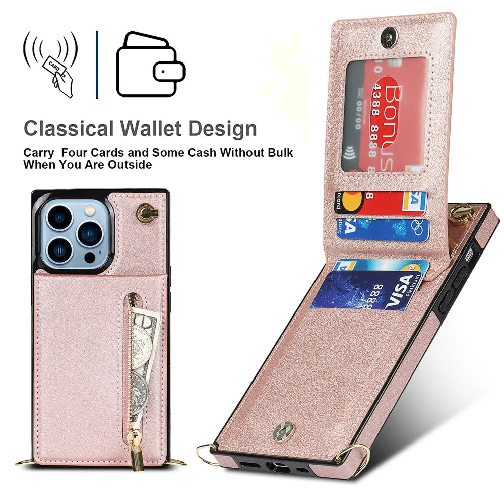 Zipper Wallet Leather iPhone Case With Card Holder Lanyard Strap Crossbody - DealJustDeal