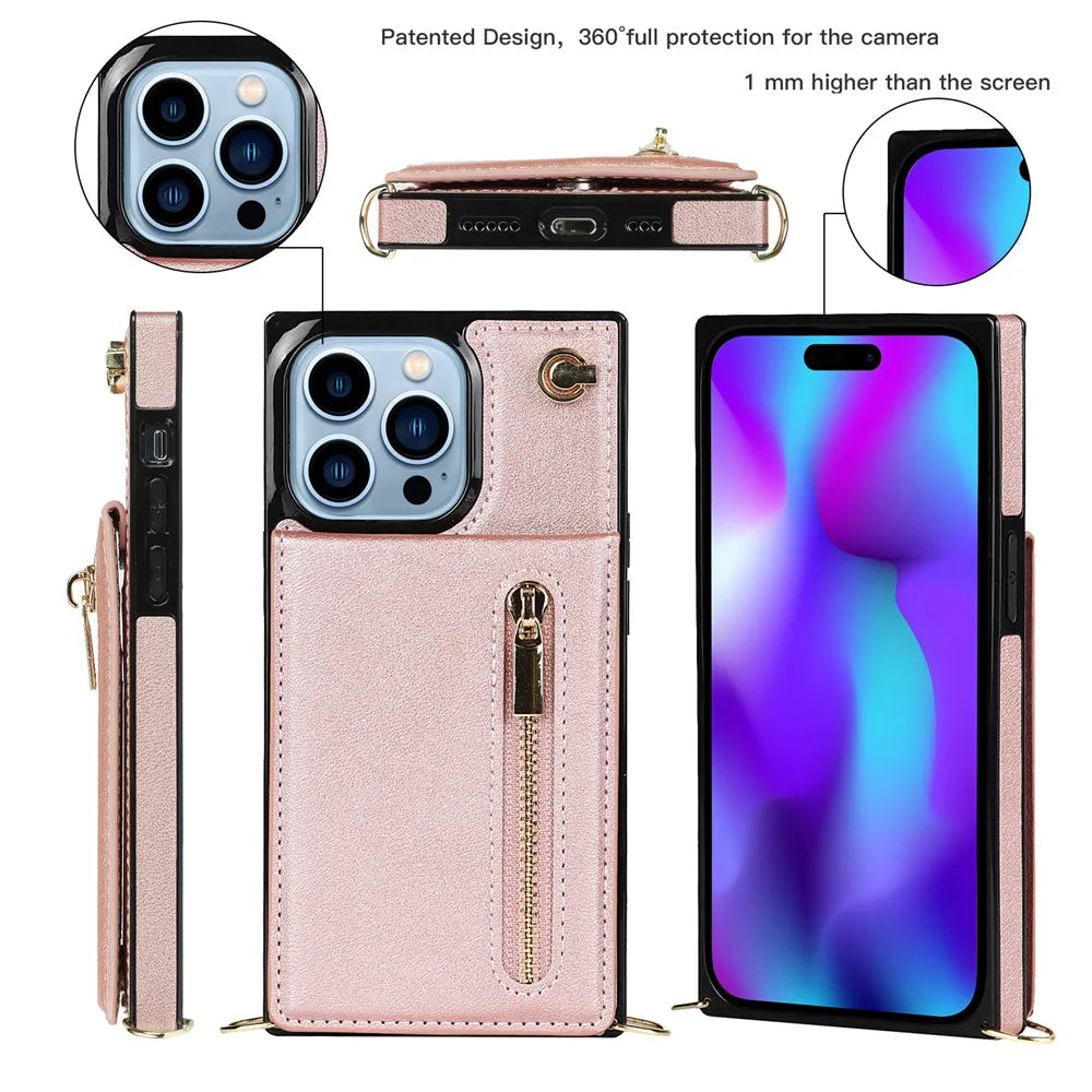 Zipper Wallet Leather iPhone Case With Card Holder Lanyard Strap Crossbody - DealJustDeal