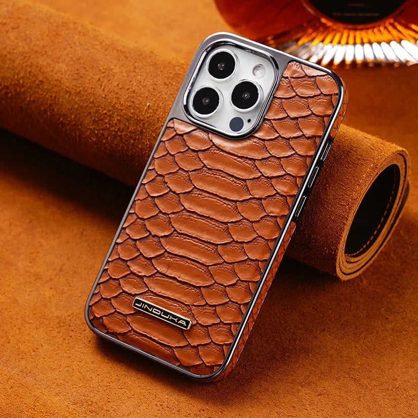 Python Texture Leather Electroplating iPhone Case with Built-in Flannel - DealJustDeal