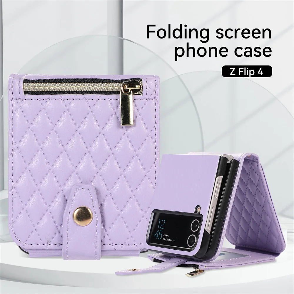 Card Slot Crossbody Wallet Grid Leather Galaxy Z Flip Case - DealJustDeal