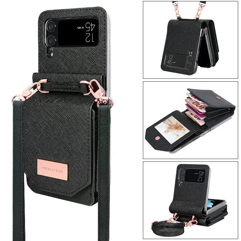 Cards Slot Holder PU Wallet Lanyard Leather Galaxy Z Flip Case - DealJustDeal