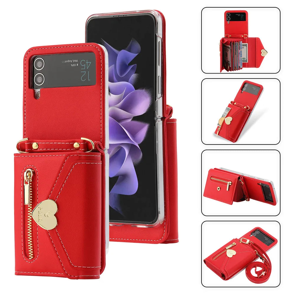 Folding Hinge Leather Crossbody Galaxy Z Flip Case - DealJustDeal