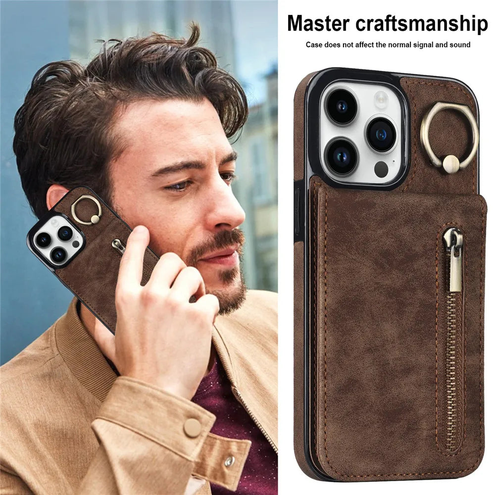 Anti-drop Kickstand Zipper Cards Holder Leather Wallet iPhone Case - DealJustDeal