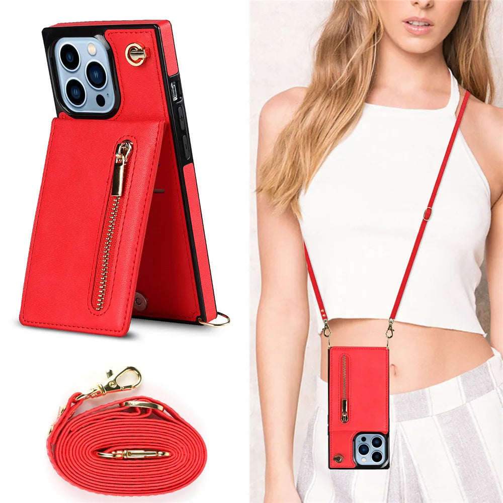 Zipper Wallet Leather iPhone Case With Card Holder Lanyard Strap Crossbody - DealJustDeal