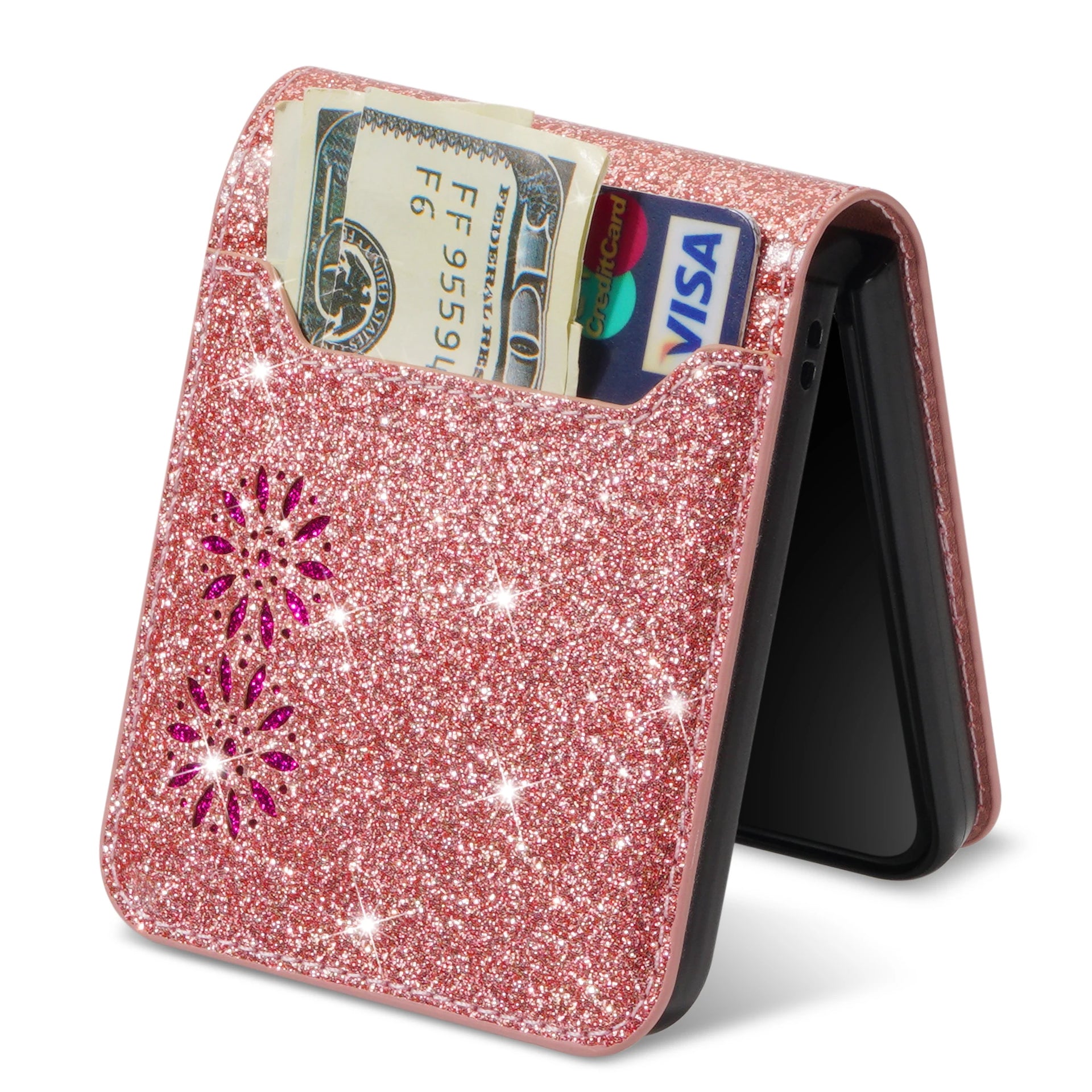 Wallet Cards Holder Glitter Bling Protection Leather Galaxy Z Flip Case - DealJustDeal