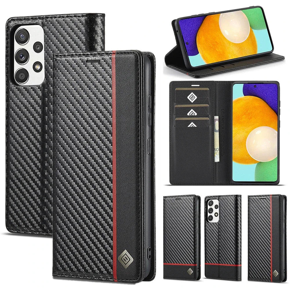 Card Slots Wallet Carbon Fiber Leather Galaxy A Case - DealJustDeal