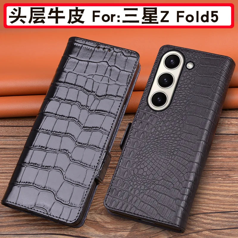 Alligator Grids Litchi Grain Genuine Cowhide Leather Galaxy Z Fold Case - DealJustDeal