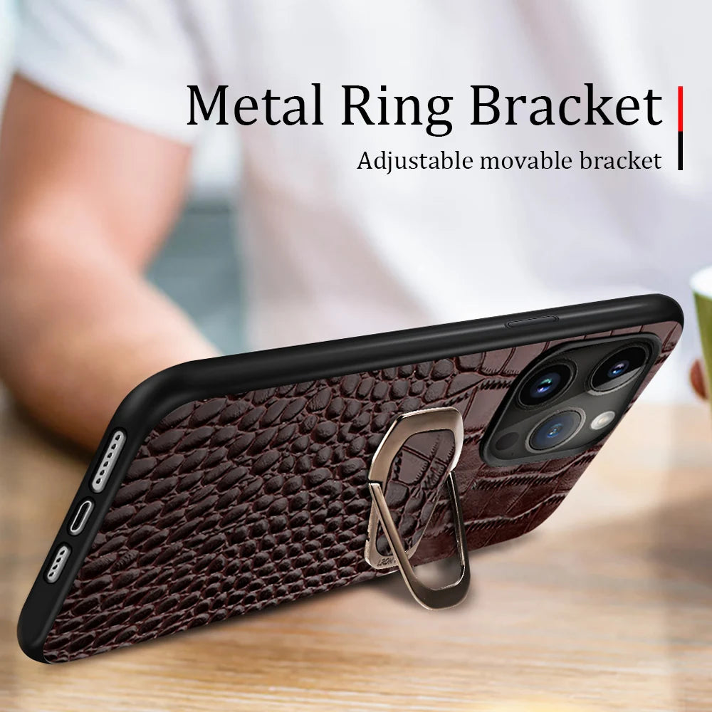 Ring Bracket Back Genuine Leather iPhone Case - DealJustDeal