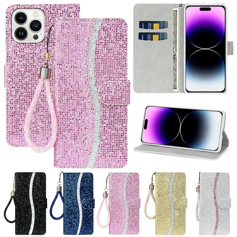 Glitter Anti-fall Wallet Flip Leather iPhone Case With Hand Strap - DealJustDeal