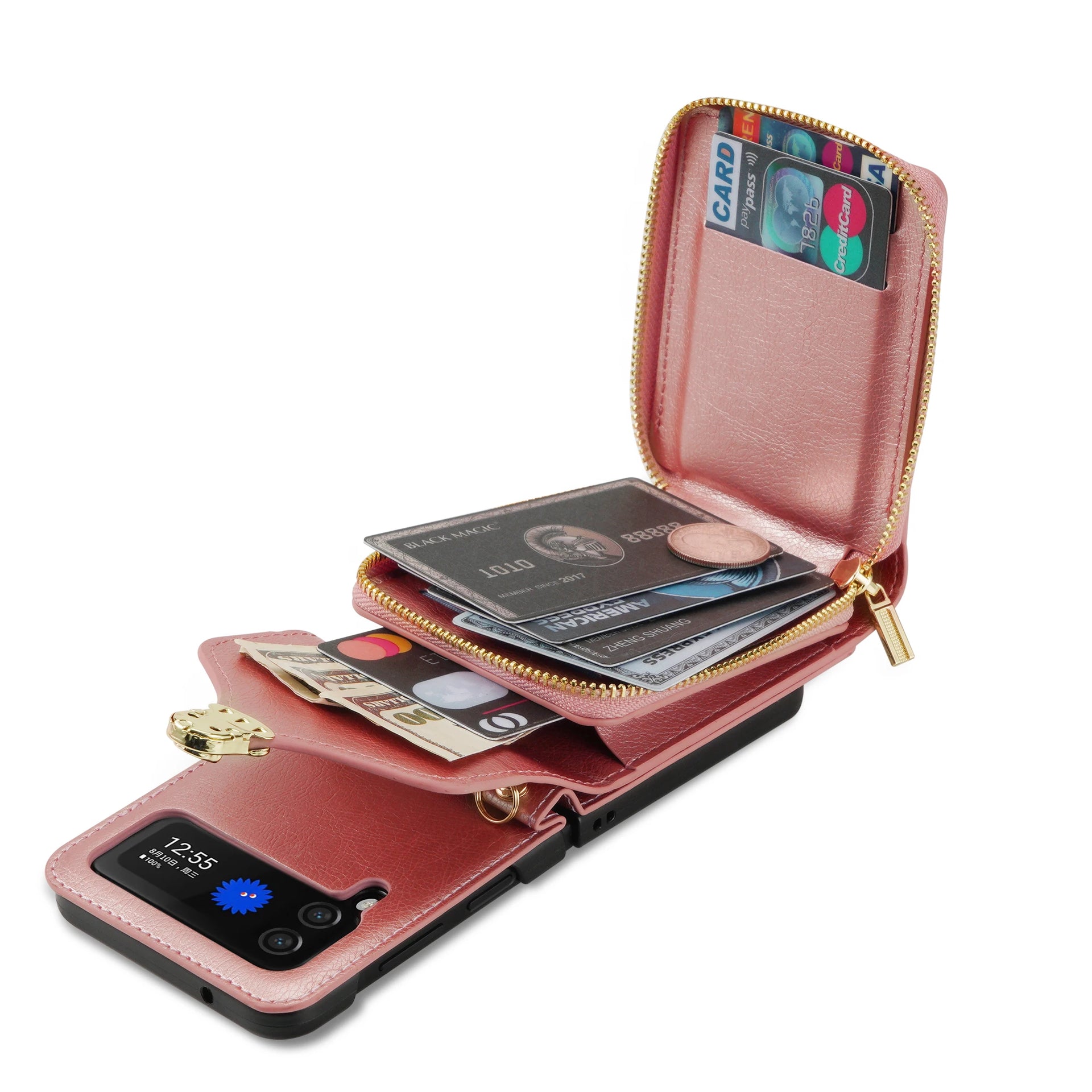 Zipper Wallet Cards Slot Pocket Leather Galaxy Z Flip Case - DealJustDeal