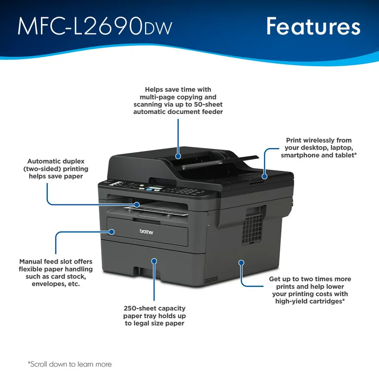 Brother MFC-L2690DW Monochrome Laser All-in-One Printer, Duplex Printing, Wireless Connectivity - DealJustDeal