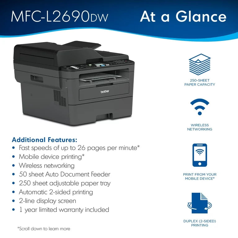 Brother MFC-L2690DW Monochrome Laser All-in-One Printer, Duplex Printing, Wireless Connectivity - DealJustDeal