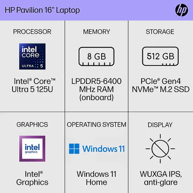 HP 16" WUXGA AI Laptop, Intel Core Ultra 5-125U, 8GB RAM, 512GB SSD, Backlit Keyboard - DealJustDeal