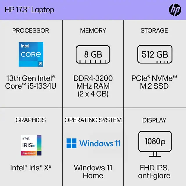 HP 17.3” FHD Laptop, Intel Core i5-1334U, 8GB RAM, 512GB SSD - DealJustDeal